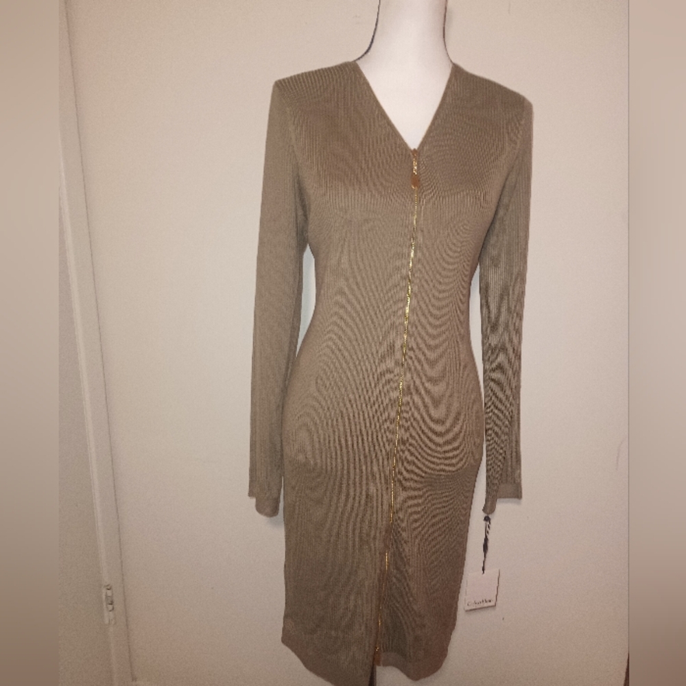 NWT Calvin Klein Elegant Tan Long Sleeve Knit Sweater Dress SZXL